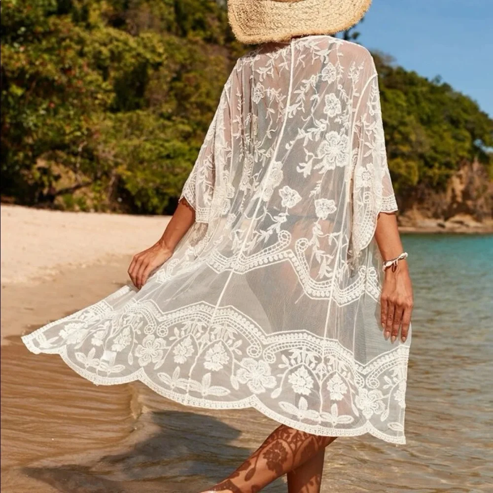 Floral lace cover-up cardigan kimono crochet embroidery snow white beach bikini - Picture 6 of 8